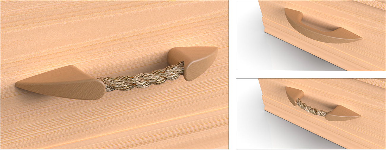 OGF, Gamme de poignées de cercueils bois et corde. Design Axena